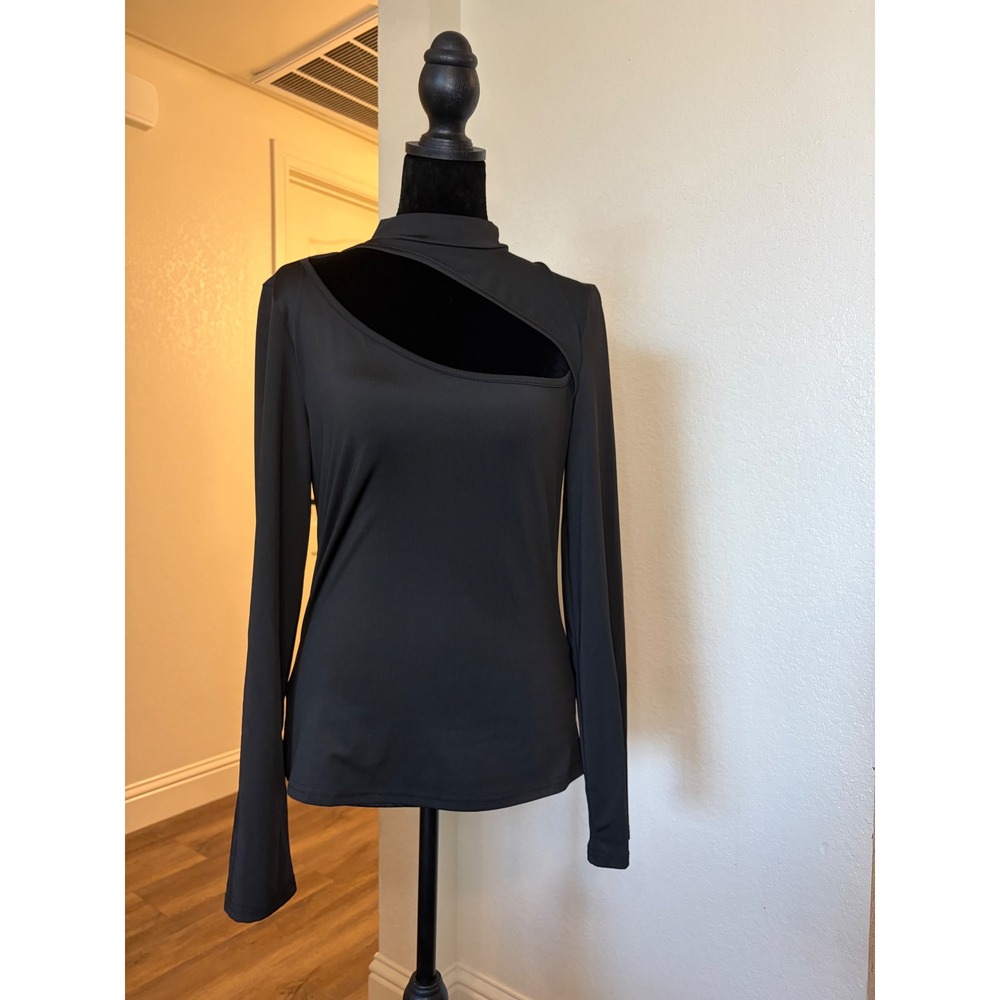 Black Asymmetrical Cutout Mock Neck Long Sleeve Top Edgy Modern Minimalist - Picture 1 of 4